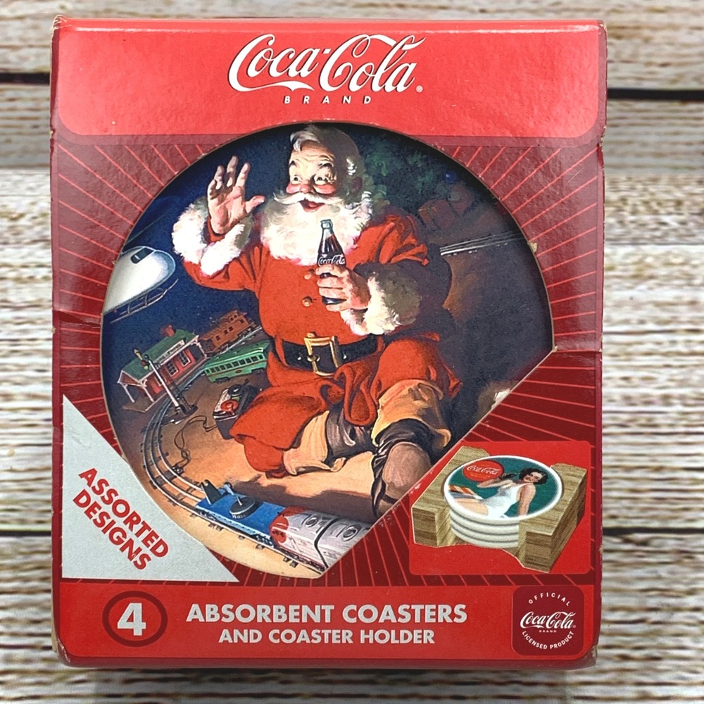 Coca-Cola‎ Santa Train Absorbent Stone Coasters 4 Pack with Holder Vintage Coke